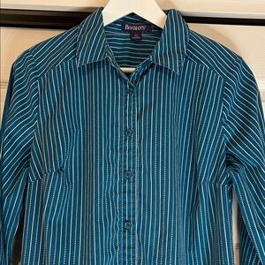 Roaman's Women's Teal and White Striped Button-Down Shirt Size 14W